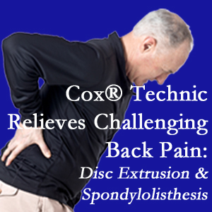 Plainville chiropractic care with Cox Technic alleviates back pain due to a painful combination of a disc extrusion and a spondylolytic spondylolisthesis.